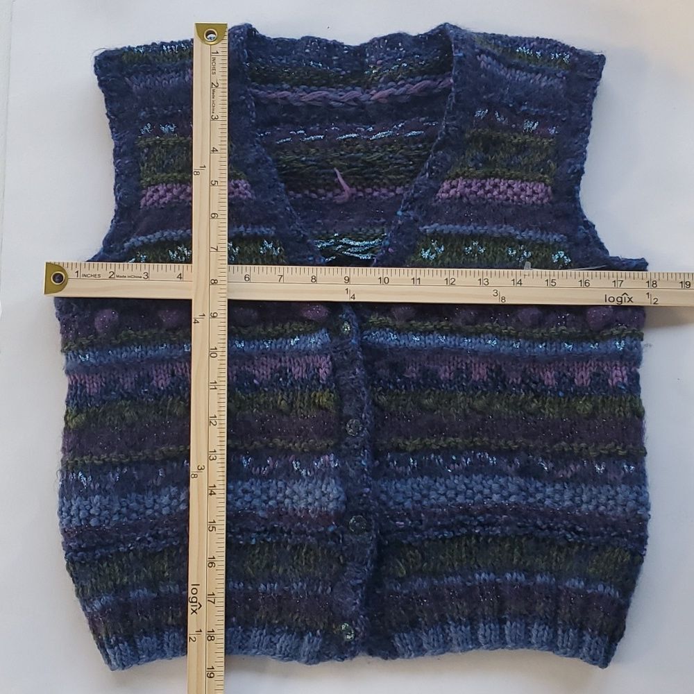HANDMADE HANDKNIT SWEATER VEST BUTTON UP BLUE PURPLE GREEN ACADEMIA SMALL - Picture 10 of 10